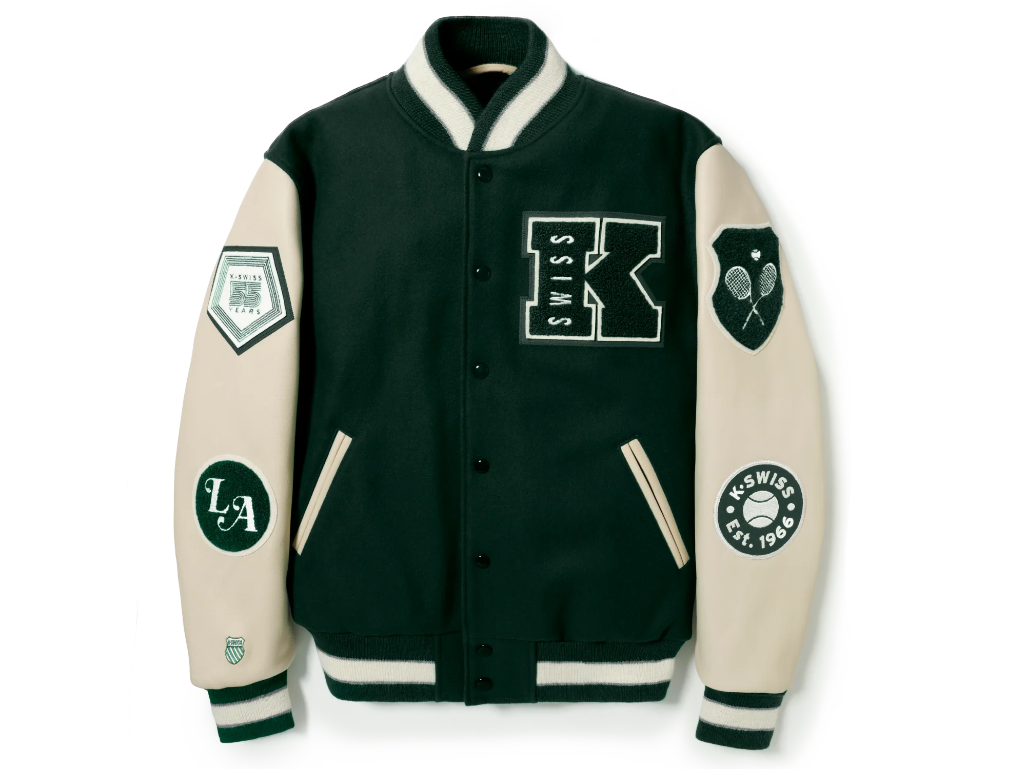 175773-350 | K SWISS X GOLDENBEAR VARSITY JACKET | EMERALD/CREAM